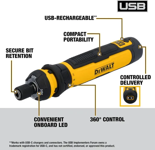 Vista 2 de DEWALT Destornillador inalámbrico, destornillador eléctrico recargable USB de 4 V con juego de 12 puntas de destornillador, luz LED, control