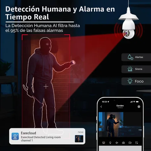 Vista 6 de Cámara de seguridad con bombilla de luz 2K 5G y 2.4G WiFi, cámaras de seguridad inalámbricas para exteriores e interiores, cámaras de bombilla