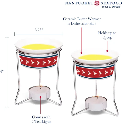 Vista 4 de Nantucket - Calentadores de mantequilla de cerámica para mariscos, diseño de langosta, juego de 2