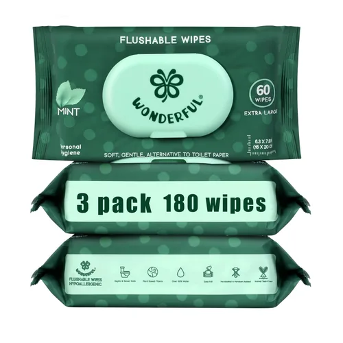 Vista 13 de Toallitas WONDERFUL desechables para glúteos, toallitas húmedas 100% a base de plantas sin aroma para adultos y niños, seguro para alcantarillas