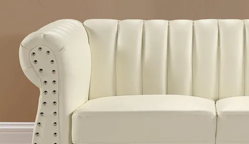 Vista 6 de Container Furniture Direct Sofá de piel sintética de 77 pulgadas inspirado en Chesterfield con diseño elegante, patas de calabaza y tapicería