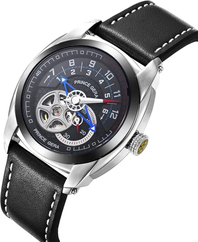 Vista 8 de Prince Gera Hombre piel automática relojes Negro de Brown Única Esqueleto impermeable reloj Casual lumious