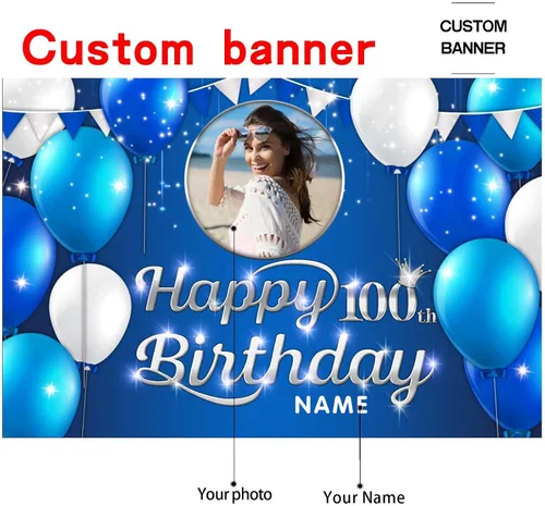 Vista 2 de Cartel decorativo personalizado de feliz cumpleaños número 100 – Cartel personalizado de fiesta de cumpleaños azul marino en tamaños grandes, fotos