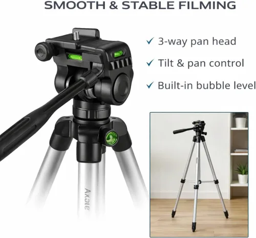 Vista 5 de Acuvar Trípode de teléfono de 50 pulgadas con soporte giratorio, filmación vertical y horizontal para iPhone y Android, trípode ligero de aluminio