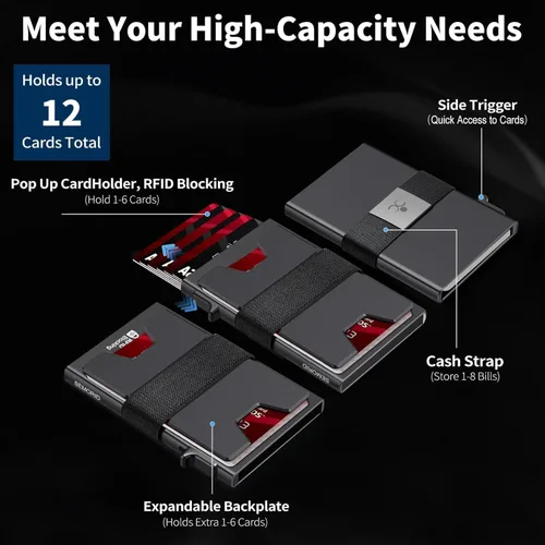 Vista 51 de Cartera delgada de aluminio para hombre, placa trasera expandible duradera, bloqueo RFID, billetera desplegable de metal minimalista, con capacidad