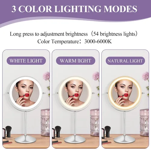 Vista 2 de 8" Makeup Mirror with Lights, 1X/10X Lighted Vanity Mirror with Magnification, 3 Color Adjustable Brightness, 360° Rotating Dual-Side, USB