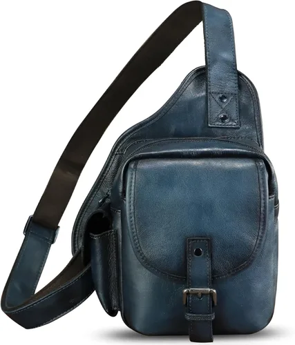 Vista 6 de Bolso bandolera de cuero genuino para hombres y mujeres, bolso cruzado, mochila vintage para senderismo, deportes, viajes, Azul, Mochilas Sling