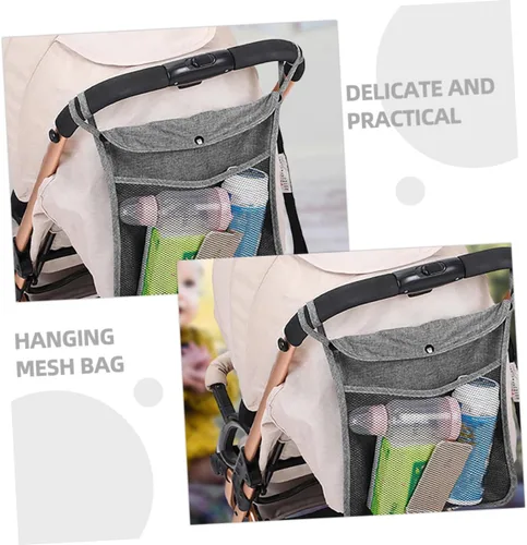 Vista 8 de BESPORTBLE 2pcs Stroller Hanging Storage Bags Linen Mesh Organizer with Heavy Duty Handles for Side Stroller Pouch Portable Essentials Holder for