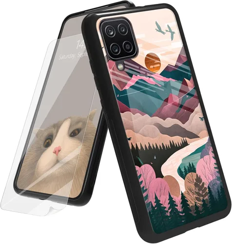 Vista 12 de Funda para Samsung Galaxy A12 5G con protector de pantalla, parte trasera de vidrio templado + TPU de silicona suave que absorbe los golpes