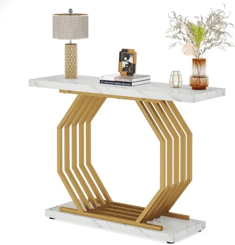 Vista 8 de Tribesigns Mesa Consola Dorada, Mesa de Entrada Estrecha de Mármol Sintético con Base de Metal Geométrica, Mesa de Acento Moderna de 40 Pulgadas