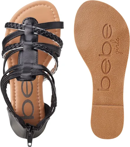 Vista 5 de bebe Sandalias para niñas pequeñas, sandalias de gladiador con correas de cuero sintético y cremallera en el talón, Negro