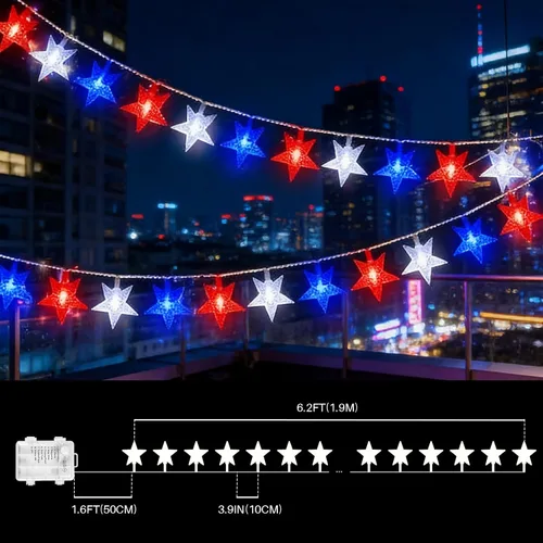 Vista 2 de LAMPHOME Guirnalda de luces LED de estrella roja, blanca y azul, 20 luces LED de hadas con cable transparente, 3 AA impermeables, 8 modos, luces