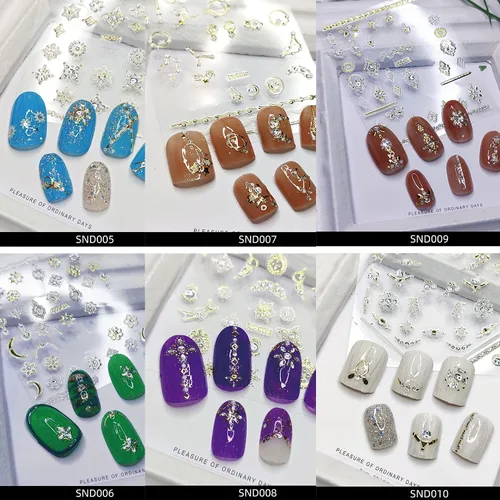 Vista 6 de 20 hojas de calcomanías de uñas 3D, diseño de oro/diamante, lujosas calcomanías de uñas autoadhesivas con relieve, calcomanías de uñas de flores