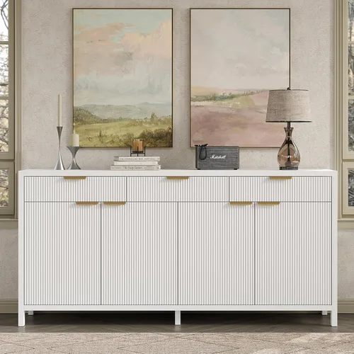 Vista 7 de Yanosaku Aparador Buffet Acanalado de 66" de Ancho, Gabinete de Almacenamiento con 3 Cajones y 2 Gabinetes, Mesa de Bar de Café de Mediados de Siglo
