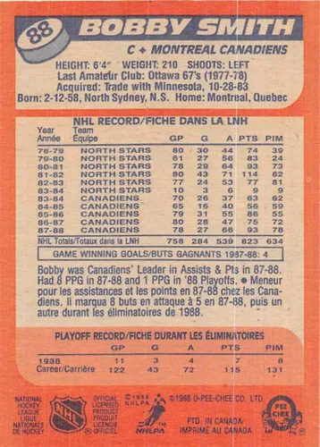 Vista 2 de 1988-89 O-Pee-Chee Hockey Set Break One #88 Bobby Smith Montreal Canadiens Official NHL Trading Card From OPC