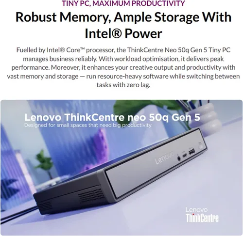 Vista 3 de Lenovo ThinkCentre neo 50q Gen 5 Mini PC de sobremesa, Intel Core i5-13420H de 8 núcleos, 8 GB DDR5 RAM, 512 GB SSD, WiFi 6E, Bluetooth 5.3