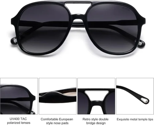 Vista 2 de SOJOS Gafas de sol polarizadas retro cuadradas estilo aviador para mujer y hombre de los años 70 vintage doble puente SJ2174