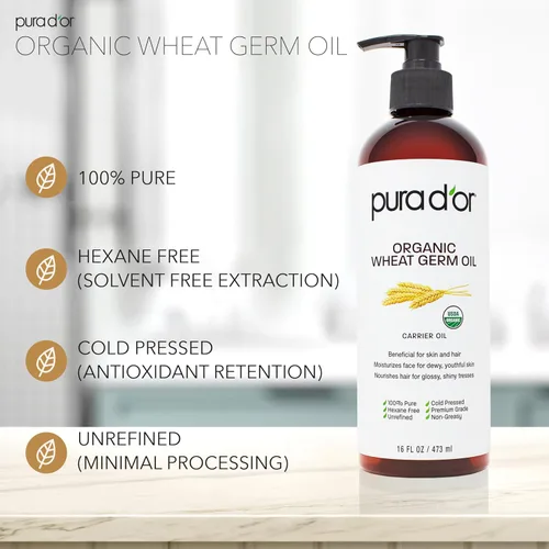 Vista 3 de PURA D'OR Aceite de germen de trigo orgánico de 16 onzas – Aceite portador prensado en frío 100% puro y natural certificado por la USDA – Vitamina E
