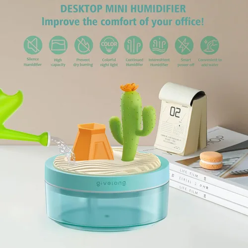 Vista 3 de PRATIQUE Mini humidificadores portátiles de escritorio para dormitorio, humidificador pequeño con paisaje de cactus, silencioso, niebla fría