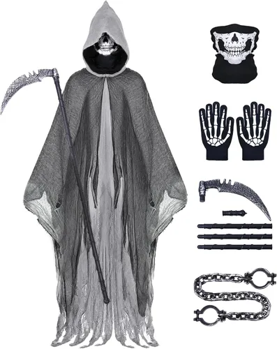 Vista 10 de Disfraz de la parca, capa con capucha de Halloween, disfraces de cosplay de Halloween para adultos