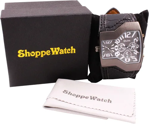 Vista 5 de ShoppeWatch Unique Mens Watch Large Dial Dual Time Display Quartz Movement Leather Band Big Face Watch for Men Oversize Dress Watch
