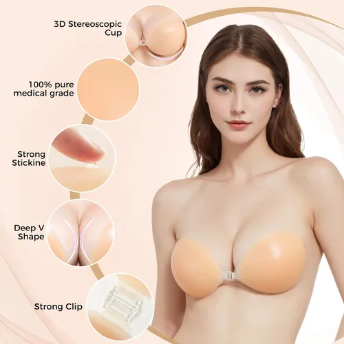 Vista 3 de AURUZA Adhesive Bra, Strapless Sticky Invisible Push up, Reusable Silicone Bra for Strapless Backless