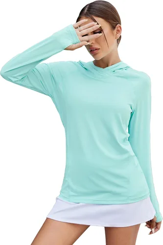 Vista 24 de LUYAA - Sudaderas con capucha para mujer, protección solar UPF 50+, transpirables, elásticas, para senderismo, manga larga, para correr Beige