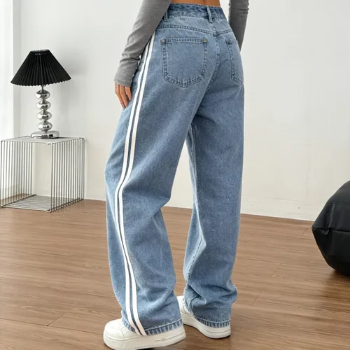 Vista 2 de Pantalones de mezclilla holgados para mujeres y hombres, pantalones de mezclilla de pierna recta, pantalones de mezclilla a rayas de pierna ancha