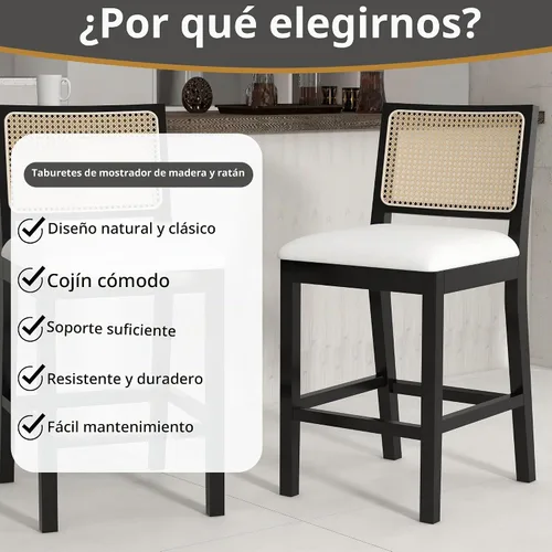 Vista 8 de Juego de 2 taburetes de bar de ratán, altura de mostrador de 26 pulgadas
