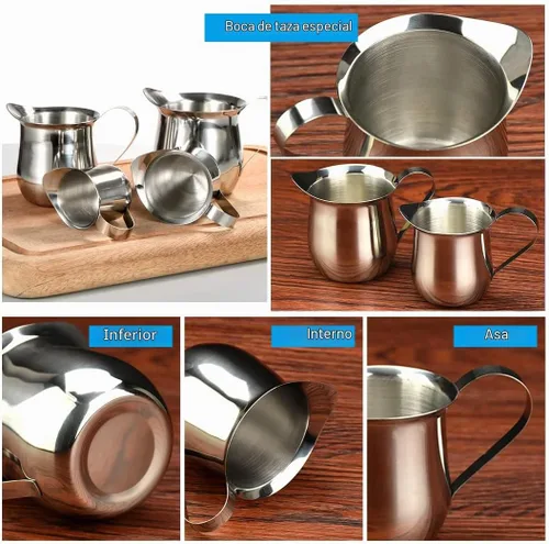 Vista 5 de Rolin Roly Jarra de espuma de leche de 4.5 onzas de acero inoxidable, pequeña jarra de café en forma de campana para barista, capuchino, tazas