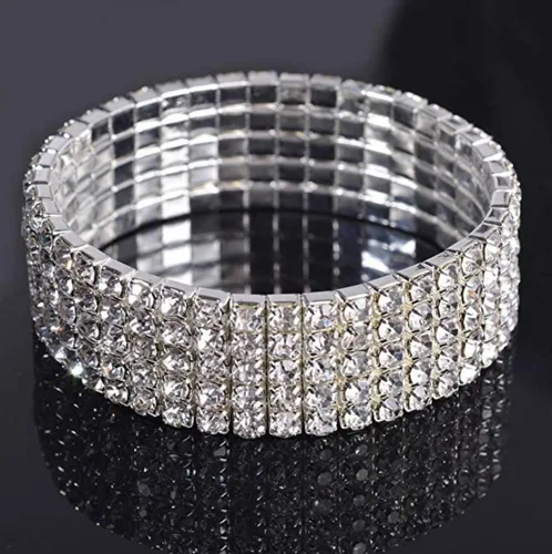 Vista 4 de Harlorki Pulsera elástica elástica de 5 filas con diamantes de imitación brillantes para niña, joyería de moda, Plástico, cristal