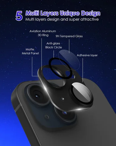Vista 3 de Compatible con iPhone 15/iPhone 15 Plus/iPhone 14/iPhone 14 Plus Protector de lente de cámara Metal Plus Anillo de aleación de aluminio 9H Pantalla