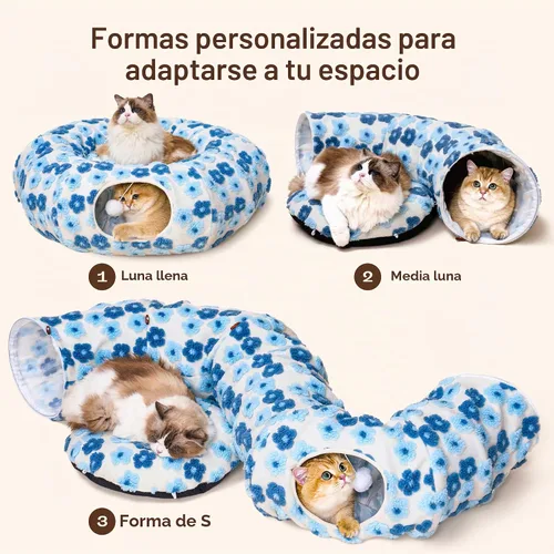 Vista 5 de Meowfia Túnel interior para gatos con cama de rosquilla, gran espacio de juego flexible para múltiples mascotas, forma de círculo o serpiente azul