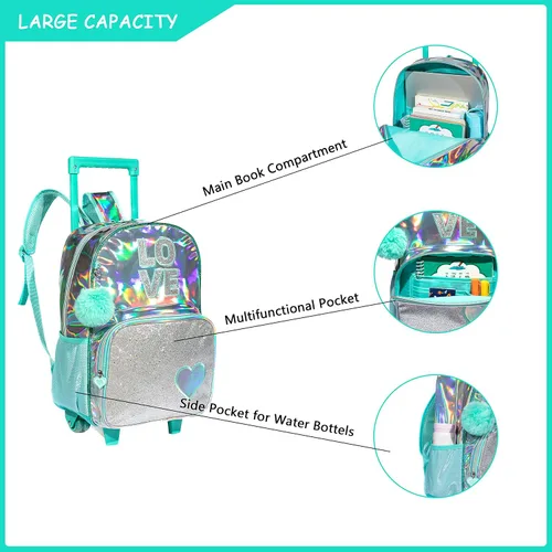 Vista 4 de Oruiji Mochila con ruedas para niñas y niños con lonchera para niñas, Rojo