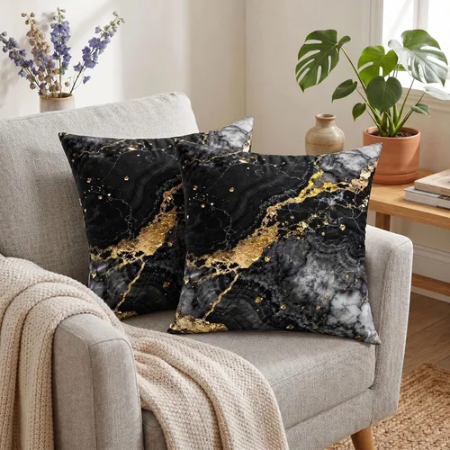 Vista 2 de Yobvec Juego de 2 fundas de almohada de 18 x 18 pulgadas, color negro dorado y gris, fundas de cojín decorativas de mármol abstracto, decoración
