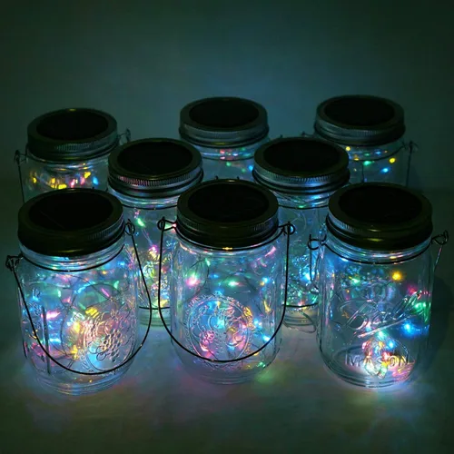 Vista 5 de Luces solares para tapa de tarro de masón, 8 unidades de 20 luces LED impermeables con estrellas de hadas