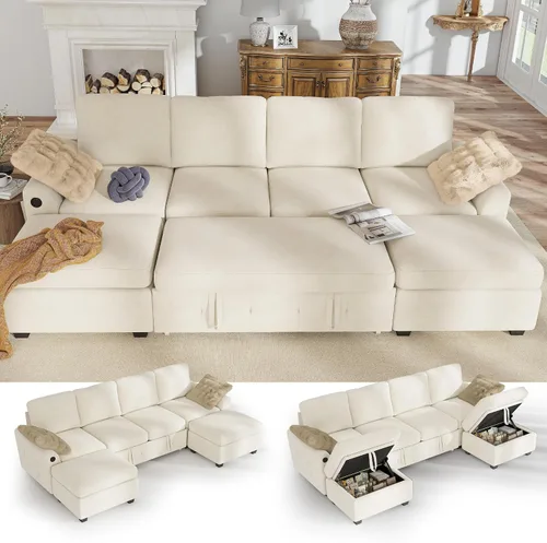 Vista 11 de Hanherry - Sofá seccional con sofá cama extraíble, sofá cama de chenilla con 2 asientos de almacenamiento y carga USB, cómodos sofás modulares