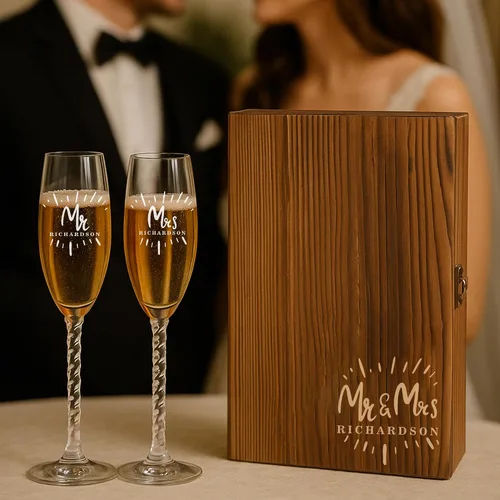 Vista 5 de Mr and Mrs - Juego de copas de champán con caja de madera grabada, elegantes copas de brindis de boda, regalo para novia y novio, compromiso