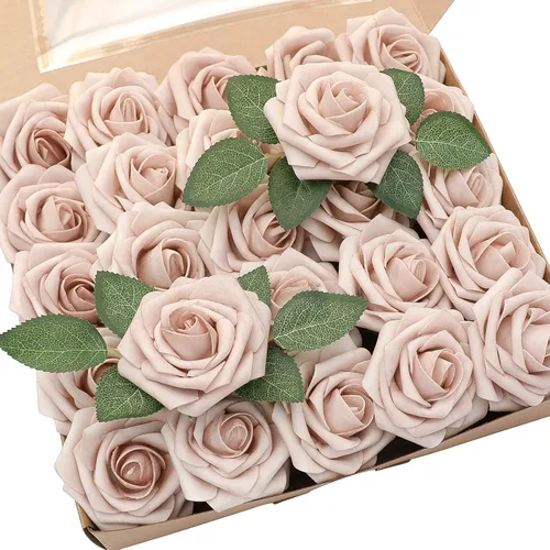 Vista 36 de Floroom Flores artificiales, 25 piezas de rosas falsas de espuma dorada antigua de aspecto real con tallos para ramos de boda DIY, centros de mesa