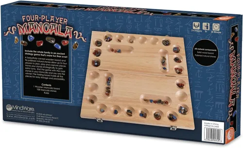 Vista 3 de MindWare Juego de mesa Mancala de madera para 4 jugadores con tablero plegable y mudadores de piedra Mancala - 2 a 4 jugadores