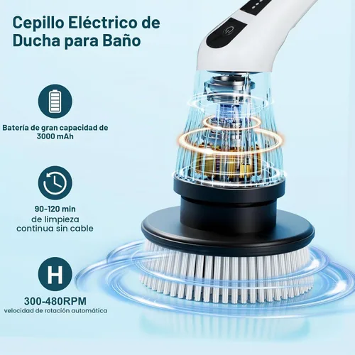Vista 6 de Limpiador eléctrico giratorio con 7 cabezales de cepillo reemplazables, limpiador de ducha con mango largo, cepillo de limpieza inalámbrico 7 en 1