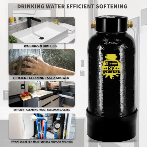 Vista 6 de Filterelated Ablandador de agua para autocaravana, 16000 granos, portátil, con ajuste de latón de 3/4 pulgadas y manguera personalizada, sistema