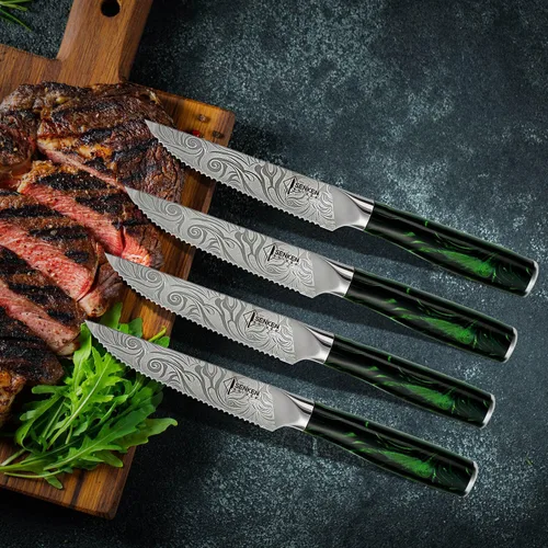 Vista 2 de SENKEN - Juego de cuchillos profesionales para carne con hermoso patrón grabado, colección Wasabi, acero de alto carbono dentado afilado y mango