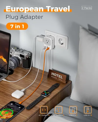 Vista 5 de TESSAN Adaptador de Enchufe de Viaje Europeo USB C Paquete de 3, Adaptador de Enchufe de EE.UU. a Europa con 4 Tomas de CA 3 Puertos de Carga USB