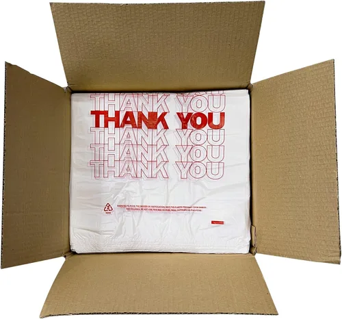 Vista 7 de TashiBox, bolsas reutilizables con inscripción Thank You. Medidas: 11.5 x 6.25 x 21 pulgadas, 15 mic, 0.6 mil. Cantidad: 308