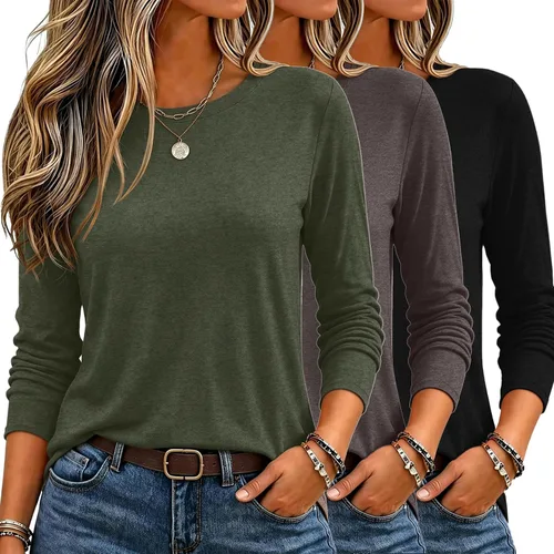 Vista 8 de Zeagoo Paquete de 3 camisetas de manga larga para mujer, estilo casual, suave, cuello redondo, básicas, ropa de otoño Z Rayas Azul 273