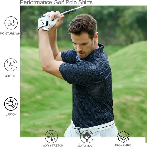 Vista 4 de Camisas de golf para hombre, secado rápido, manga corta, estampado de manga corta, que absorbe la humedad
