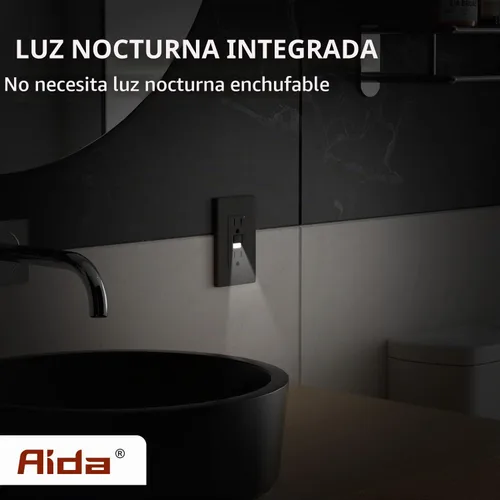 Vista 4 de AIDA - Salida GFCI de 15 amperios, enchufe eléctrico con luz nocturna de autoprueba, receptáculo resistente a manipulaciones con indicador LED