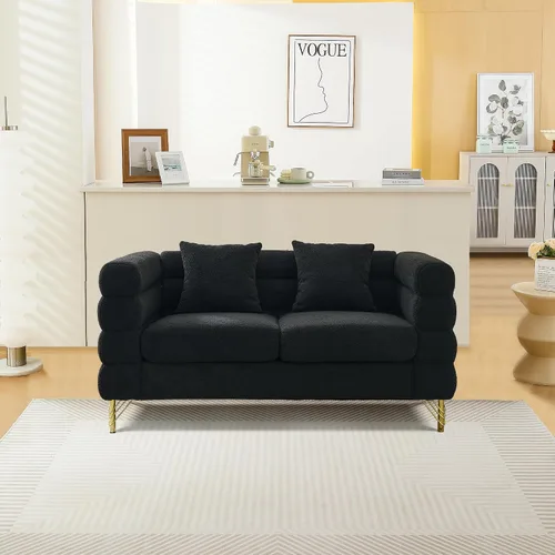 Vista 3 de mikibama Sofá de Dos Plazas Moderno Teddy, Sofá Seccional de 60 Pulgadas, Sofá Profundo de Lujo de 2 Plazas con 2 Almohadas y Patas de Metal Dorado