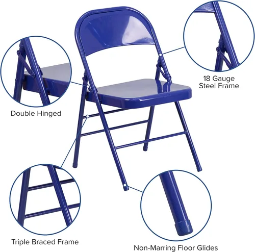 Vista 4 de EMMA + OLIVER Silla plegable de metal triple con refuerzo, 2 unidades Azul cobalto